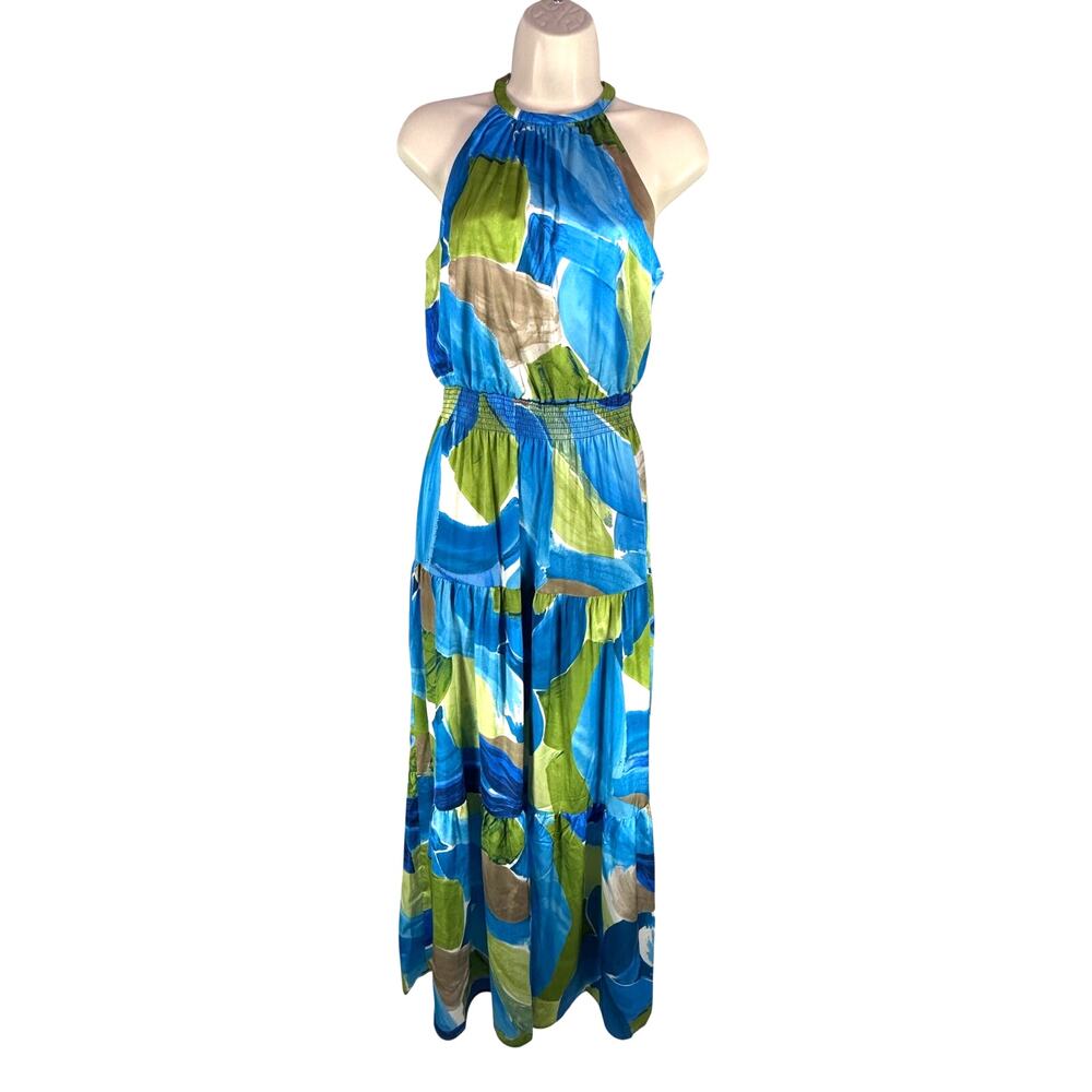 Nicole Miller small satin halter blue green watercolor maxi dress resort beachy - Picture 2 of 9